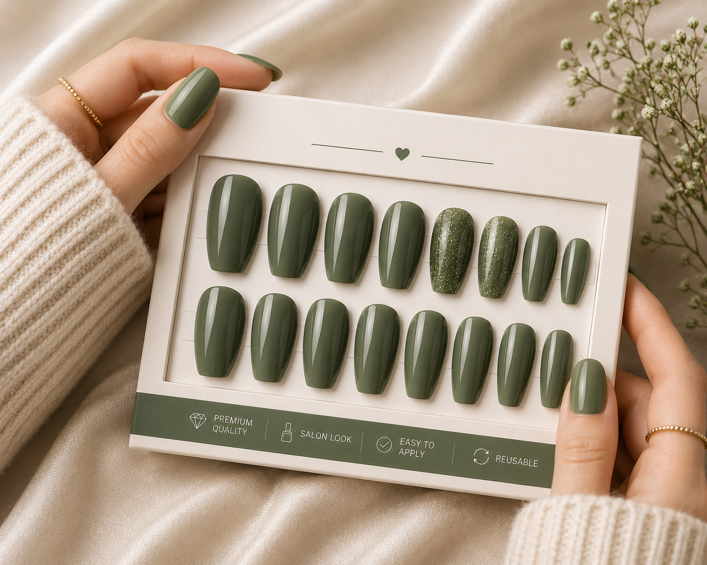 Premium Olive Green Glossy Press-On Nails – Reusable Salon-Quality Nail Set